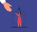 Woman in red dress stay in bird cage. Hand helping woman to escape. Freedom. Vector