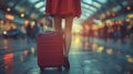 Woman in red dress with travel suitcase at the airport. Travel concept. generative ai art