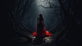 A Woman in red dress walking on a dark path in a strange dark forest with fog Royalty Free Stock Photo