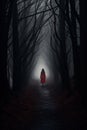 A Woman in red dress walking on a dark path in a strange dark forest with fog Royalty Free Stock Photo