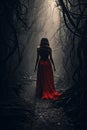 A Woman in red dress walking on a dark path in a strange dark forest with fog