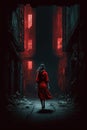 Woman in a red dress walking down a grungy alley. Royalty Free Stock Photo