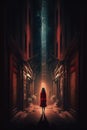 Woman in a red dress walking down a grungy alley. Royalty Free Stock Photo