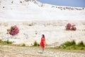 Woman in a red dress walks through Pamukkale, Turkey. Beautiful view of the sights Royalty Free Stock Photo