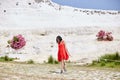 Woman in a red dress walks through Pamukkale, Turkey. Beautiful view of the sights Royalty Free Stock Photo