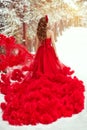 Woman Red Dress and Winter Snow, Fashion Model in Ruched Fluffy Waving Gown, Rear View Royalty Free Stock Photo