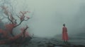 Woman In Red Faces Foggy Landscape Lovecraftian Rococo Spatial Concept Art