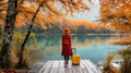 A woman in red hat standing on dock with suitcase and dog, AI Royalty Free Stock Photo