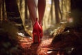 Woman in red high heel shoes walking through forest. Generative AI illustration