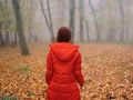 woman in red jacket autumn leaves trees walk fog Royalty Free Stock Photo