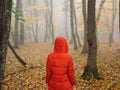 woman in red jacket autumn leaves trees walk fog Royalty Free Stock Photo