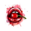 Woman red lips with cherry