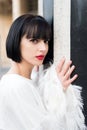 Woman with red lips, makeup face in paris, france Royalty Free Stock Photo