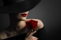 Woman Red Lips and Rose Flower, Fashion Model Beauty Portrait Royalty Free Stock Photo