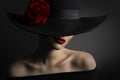 Woman Red Lips and Rose Flower in Black Hat, Beauty Fashion Model