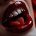 Woman with red lipstick and vampire fangs