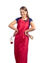 Woman in red overalls with painting tools Royalty Free Stock Photo