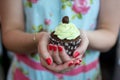 Woman with red painted nails holding pretty mint chocolate cupcake