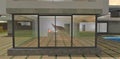 A woman in red plays the piano in an empty room in the evening light. View from the street. Mirrored panoramic windows reflect the