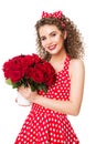 Woman in Red Polka Dots Dress with Flowers Roses Bouquet, Happy Smiling Fashion Model Beauty Portrait on white Royalty Free Stock Photo