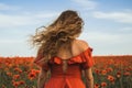 Woman red poppies field. Generate Ai Royalty Free Stock Photo