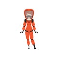 Woman in red protective costume and gas mask. Protection from radiation hazard. Flat vector illustration