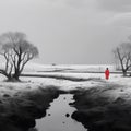 A woman in a red raincoat standing in a small stream.