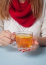 Woman`s hand holding cup of tea with piece of lemon Royalty Free Stock Photo