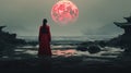 Surreal Cinematic Minimalistic Shot: Red Moon And Woman By The Shore