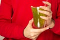 Woman in red sweater holding kiwi juice glass. Space for text Royalty Free Stock Photo