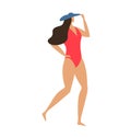 Woman in red swimsuit and blue cap posing. Female swimmer ready to swim. Summer and beach holiday vector illustration Royalty Free Stock Photo