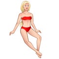 A girl in a red bathing suit is sitting. Blonde with long hair. Linear pattern with gradient