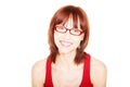Woman in red tank top and eyeglasses