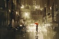 Woman with red umbrella crossing the street,rainy night Royalty Free Stock Photo