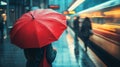 A woman with a red umbrella at the train station capturing solitude amidst blurred motion Royalty Free Stock Photo