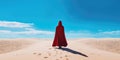 Woman in red veil staring in the desert. Little red riding hood concept.