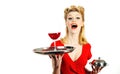 Woman with red wine. Alcohol presentation. Pin up waiter with wine and service tray. Restaurant serving. Studio isolated Royalty Free Stock Photo