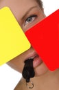 Woman, red and yellow soccer referee and whistle