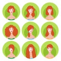 Woman redhead hairstyle icon set