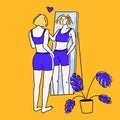 Woman reflection in standing mirror, hand on shoulder. Self support and self love concept line illustration in yellow