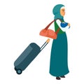 Woman refugee baby icon, flat style