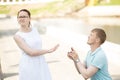 A woman refusing her boyfriend to marry after being proposed Royalty Free Stock Photo
