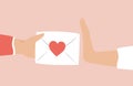 Woman refusing a letter or envelope with red heart containing a love confession. Relationships breakup, friend zone