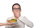 Woman refusing to eat unhealthy food on white background. Diet concept Royalty Free Stock Photo