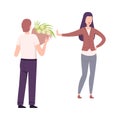 Woman Rejecting Feelings of Loving Man, Young Man Holding Bouquet of Flowers Flat Vector Illustration Royalty Free Stock Photo