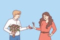 Woman rejects marriage proposal from man holding engagement ring and bouquet of flowers