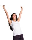 Woman rejoices with arms in air