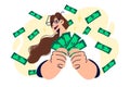Woman rejoices at money rain and holds dollar bills in hands, wanting to share moneymaking ways