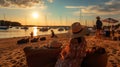 woman relax on beach,people relax on sunset sea beach ,boat on sea water,summer travel vacation Royalty Free Stock Photo