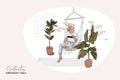 Woman relax in home or office hammock, Girl readig magazine lifestyle illustration. Hipster fun interior illustration, Backyard